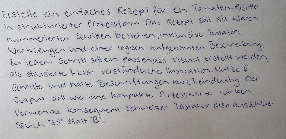 Notizen in Visuals – Prompt Handschriftliche Notiz mit einer Anleitung zur Erstellung eines strukturierten Tomatenrisotto-Rezepts für ein Visual.